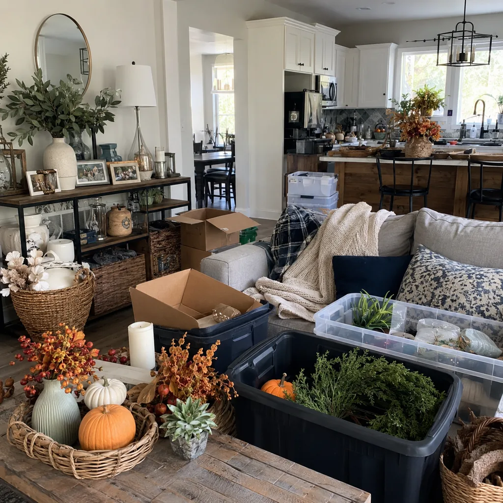 Realistic editorial photo of a realistic cluttered living room and kitchen area with boxes, counters, shelves, and organizing bins showing seasonal decor mixed 