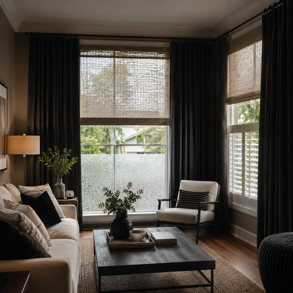 Realistic editorial photo of a room with windows, shades, shutters, woven panels, privacy film, and soft natural light showing dark fabric making the room feel