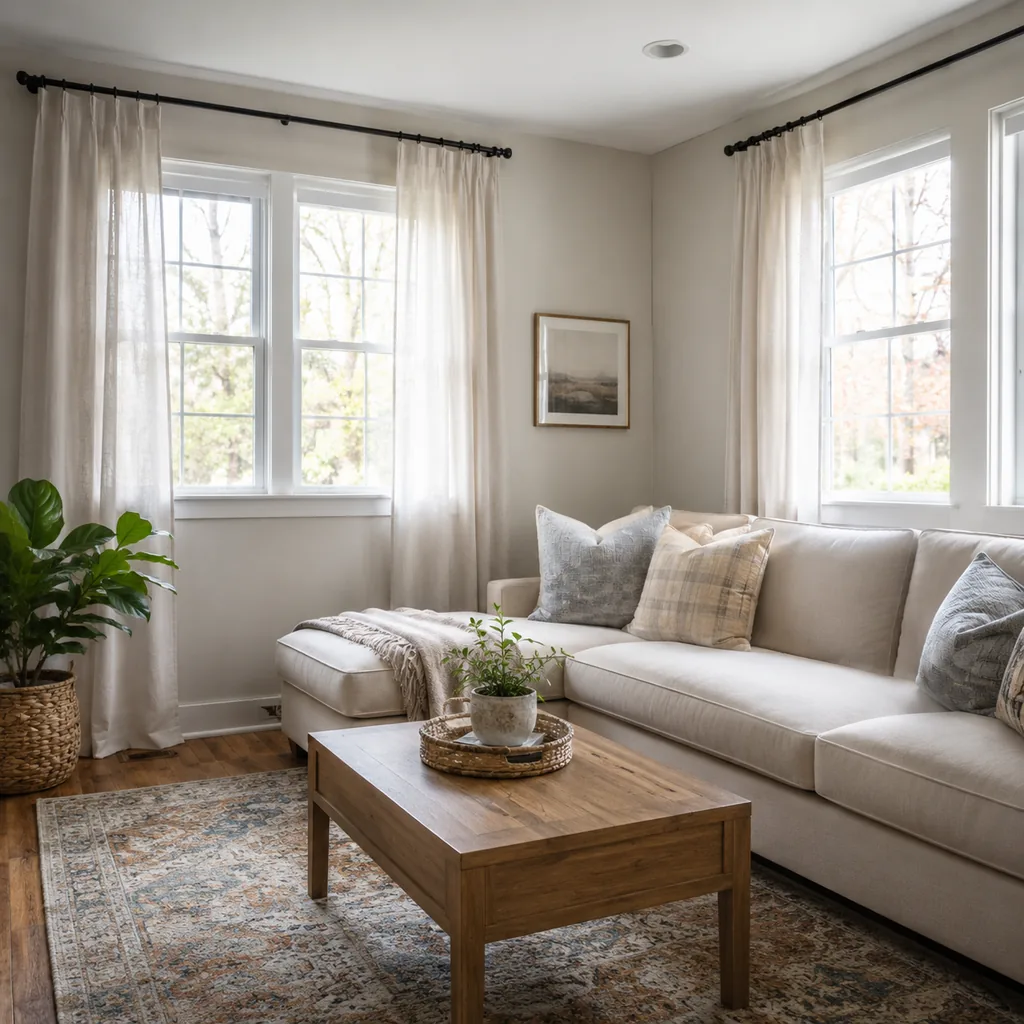 Realistic editorial photo of a small American room with windows, curtains, rods