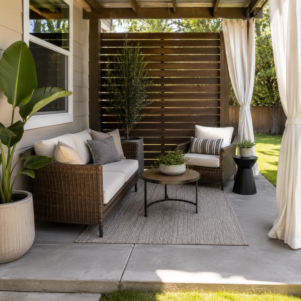 Realistic editorial photo of a small patio with compact seating, outdoor rug, plants, side table, curtains, and privacy screen showing no edge planting around t