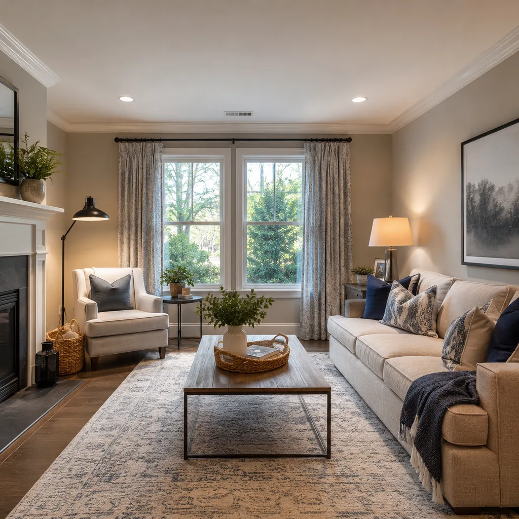 Realistic editorial photo of a staged American living room with sofa, rug, windows, lighting, and buyer-facing details showing reading spot with its own light
