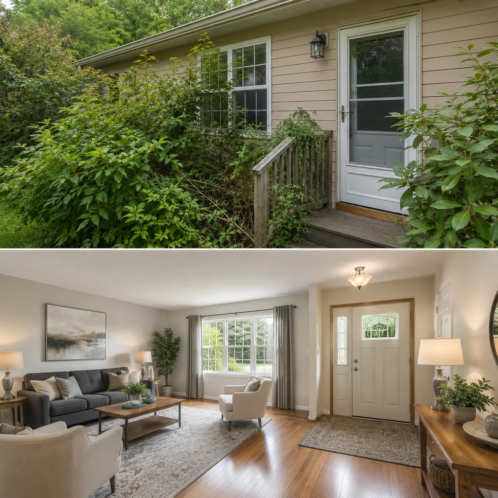 Realistic editorial photo of a staged home interior with living room, entry, lighting, furniture placement, and listing-photo details showing overgrown shrubs a