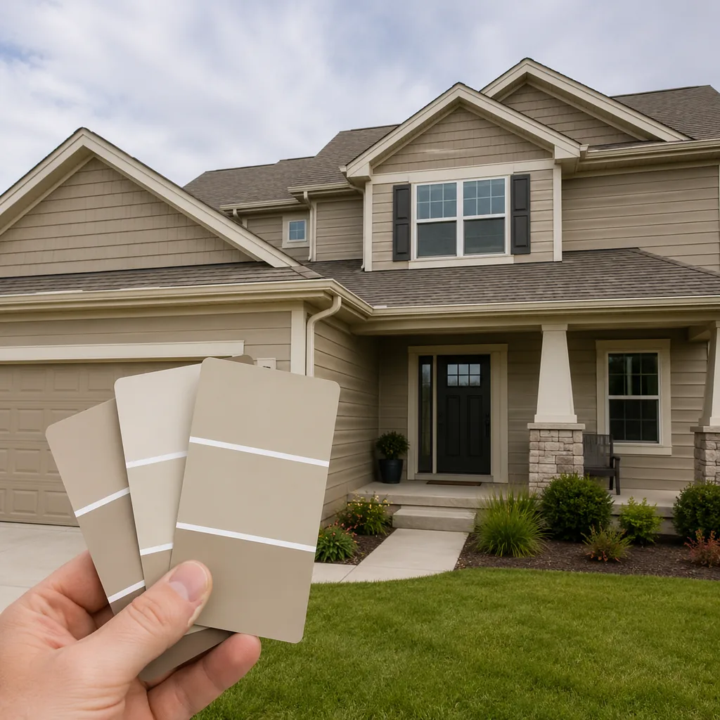 Realistic editorial photo of a suburban home exterior with siding, trim, roof, front door, lawn, and paint swatches showing builder beige in a low-light room