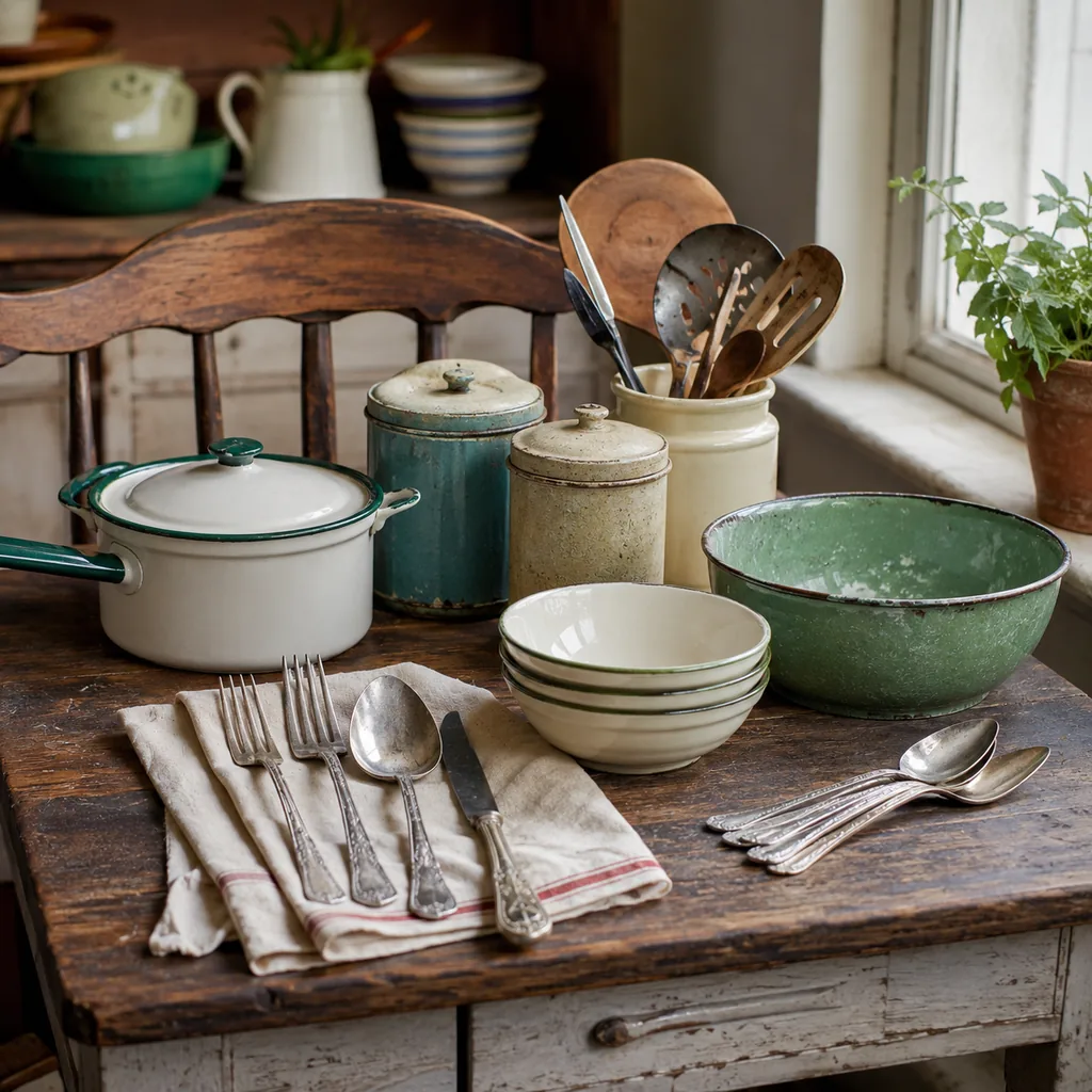 Realistic editorial photo of a vintage kitchen table with bowls, enamel cookware, utensils, tins, and warm window light showing sterling or silverplate flatware