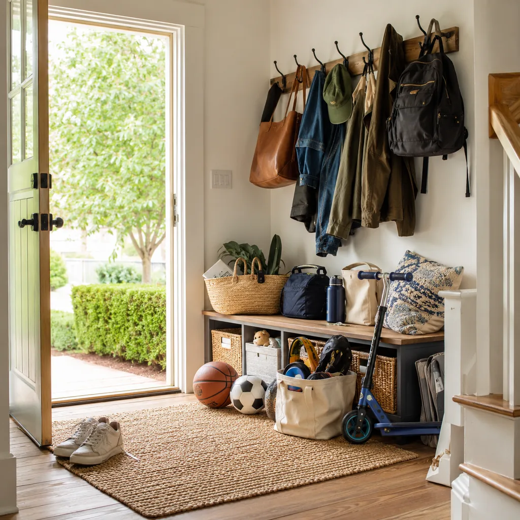 Realistic editorial photo of an American entryway showing trying to store everything at front door