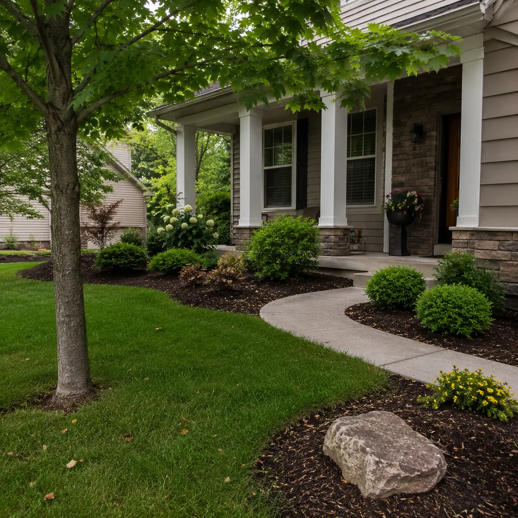 Realistic editorial photo of an American front yard with lawn, shrubs, walkway, mulch beds, trees, and a front porch showing mulch beds with no shape