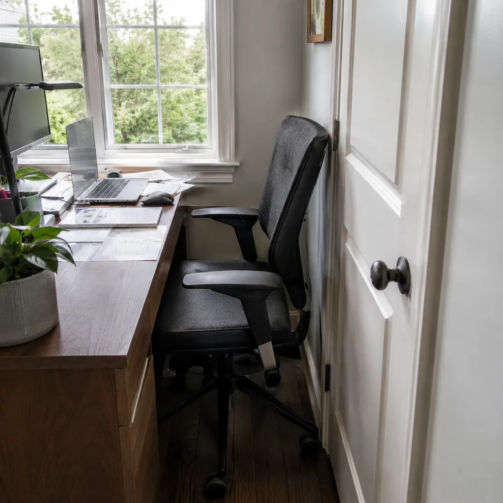 Realistic editorial photo of an American home office showing not leaving room to move chair