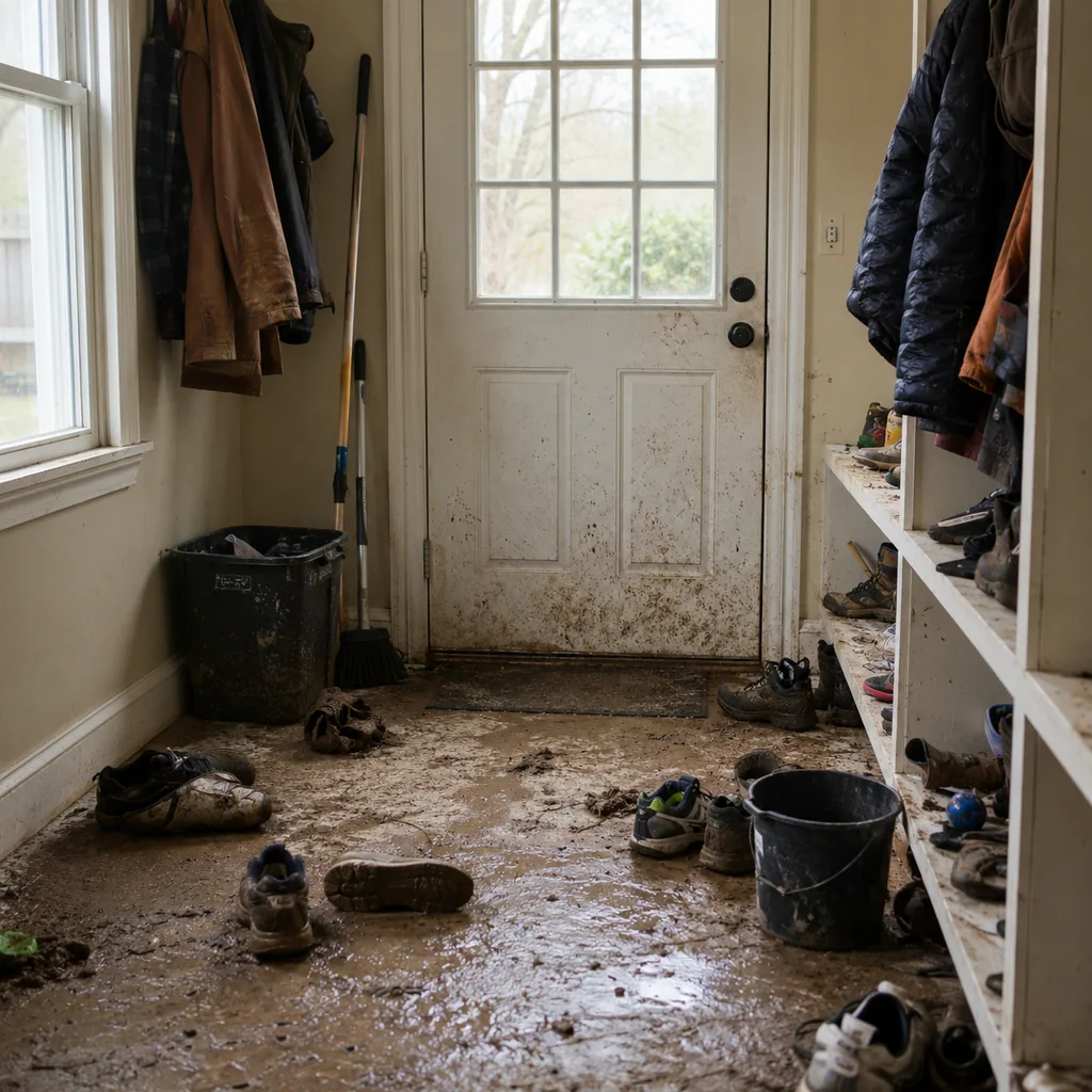 Realistic editorial photo of an American mudroom showing ignoring smell control