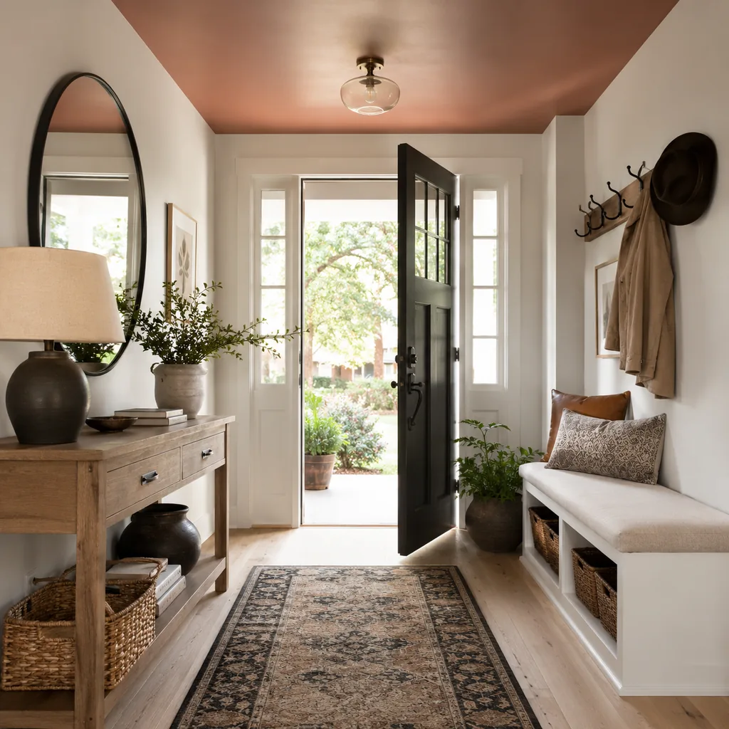 Realistic editorial photo of an entryway with console table, mirror, bench, hooks, rug, lighting, and storage showing painted ceilings that add warmth