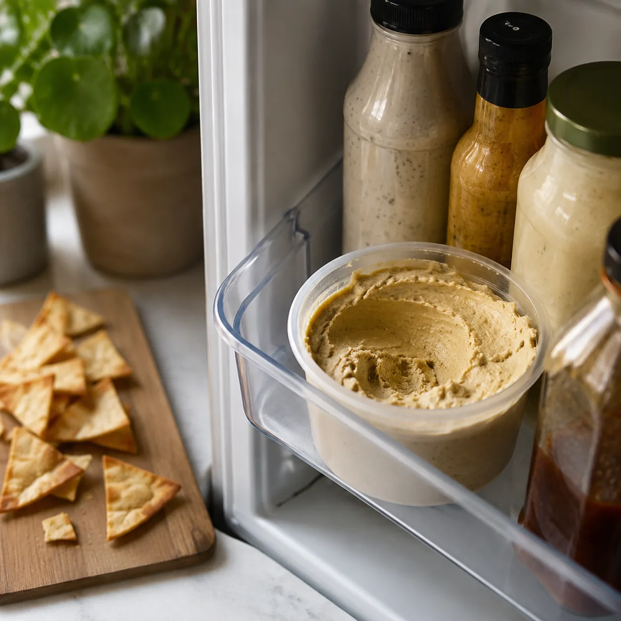 Realistic editorial photo of an opened hummus tub sitting in a refrigerator door bin beside bottles, pita chips on count
