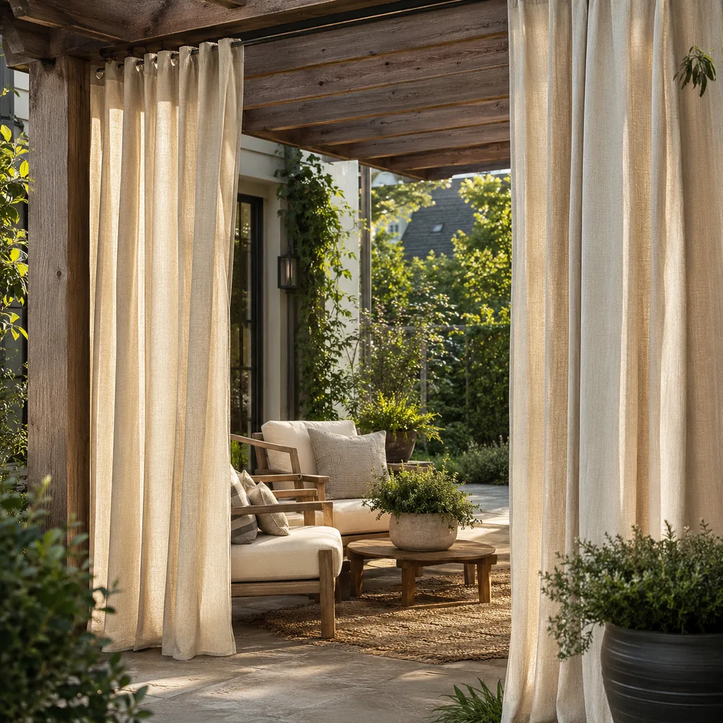 Realistic editorial photo of an outdoor patio with pergola curtains, seating, plants, fabric panels, and sunlight showing outdoor curtains with no tieback plan