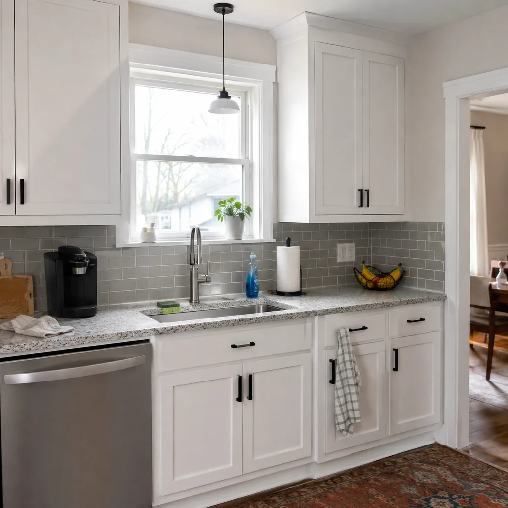 Realistic editorial photo of an updated kitchen with new counters, cabinets, backsplash, sink, hardware, and lingering dated details showing no plan for wet spo