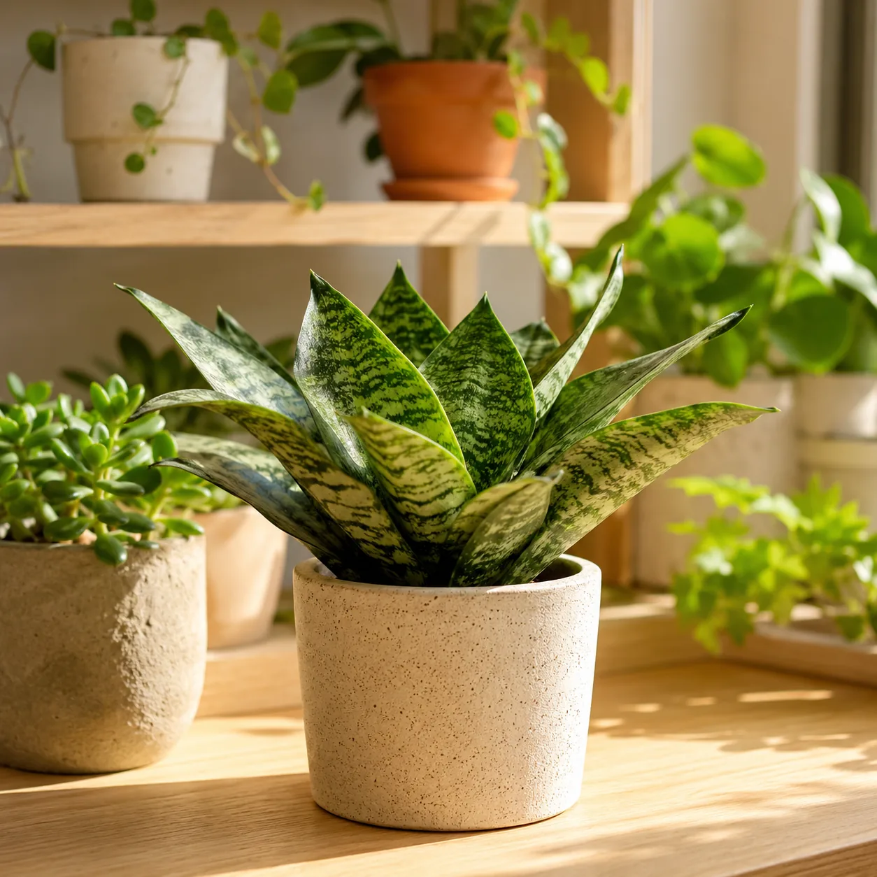 Realistic editorial photo of Bird nest sansevieria growing in bright indoor shelf with low maintenance houseplants, real