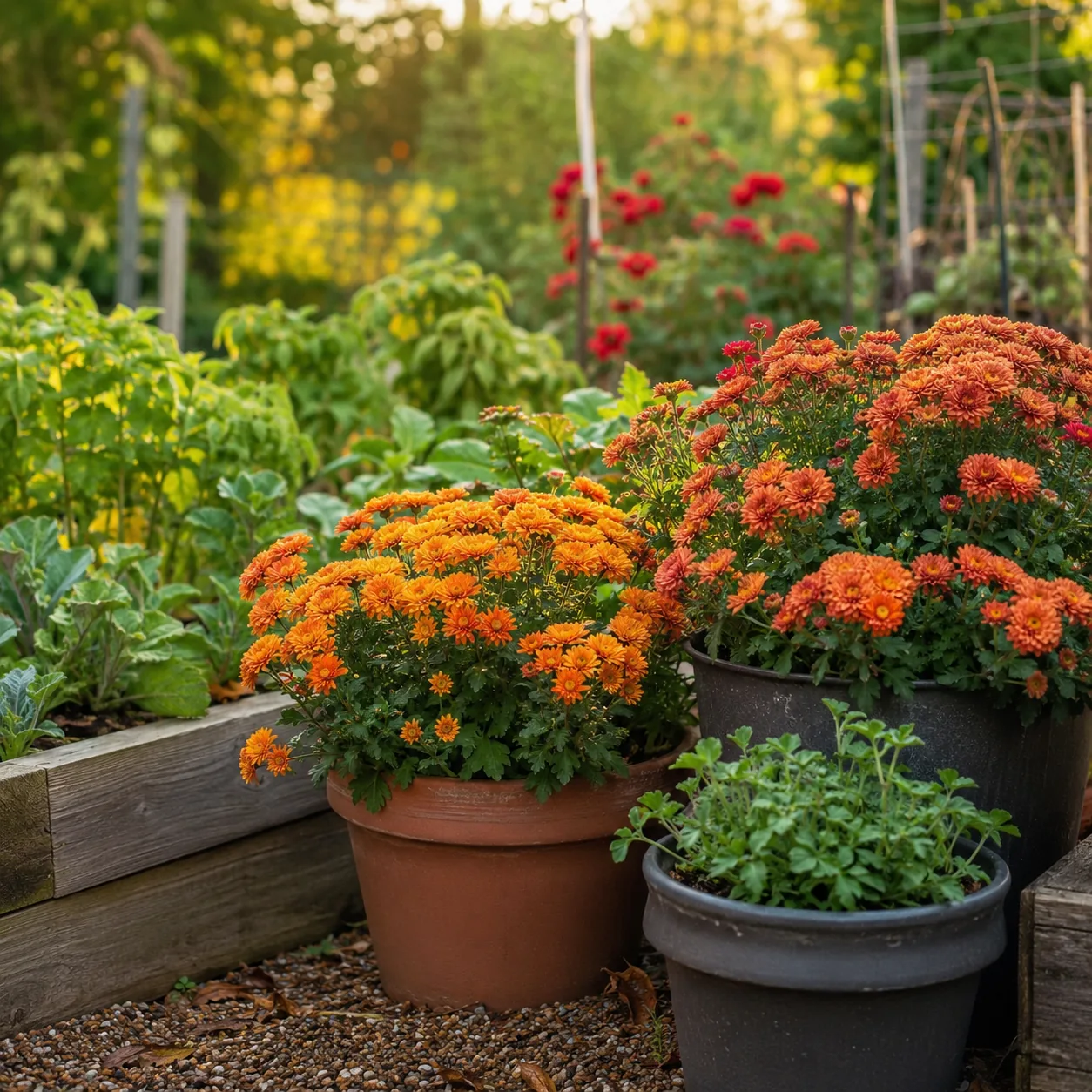 Realistic editorial photo of Chrysanthemums in containers growing in a practical edible and flower garden, realistic edi