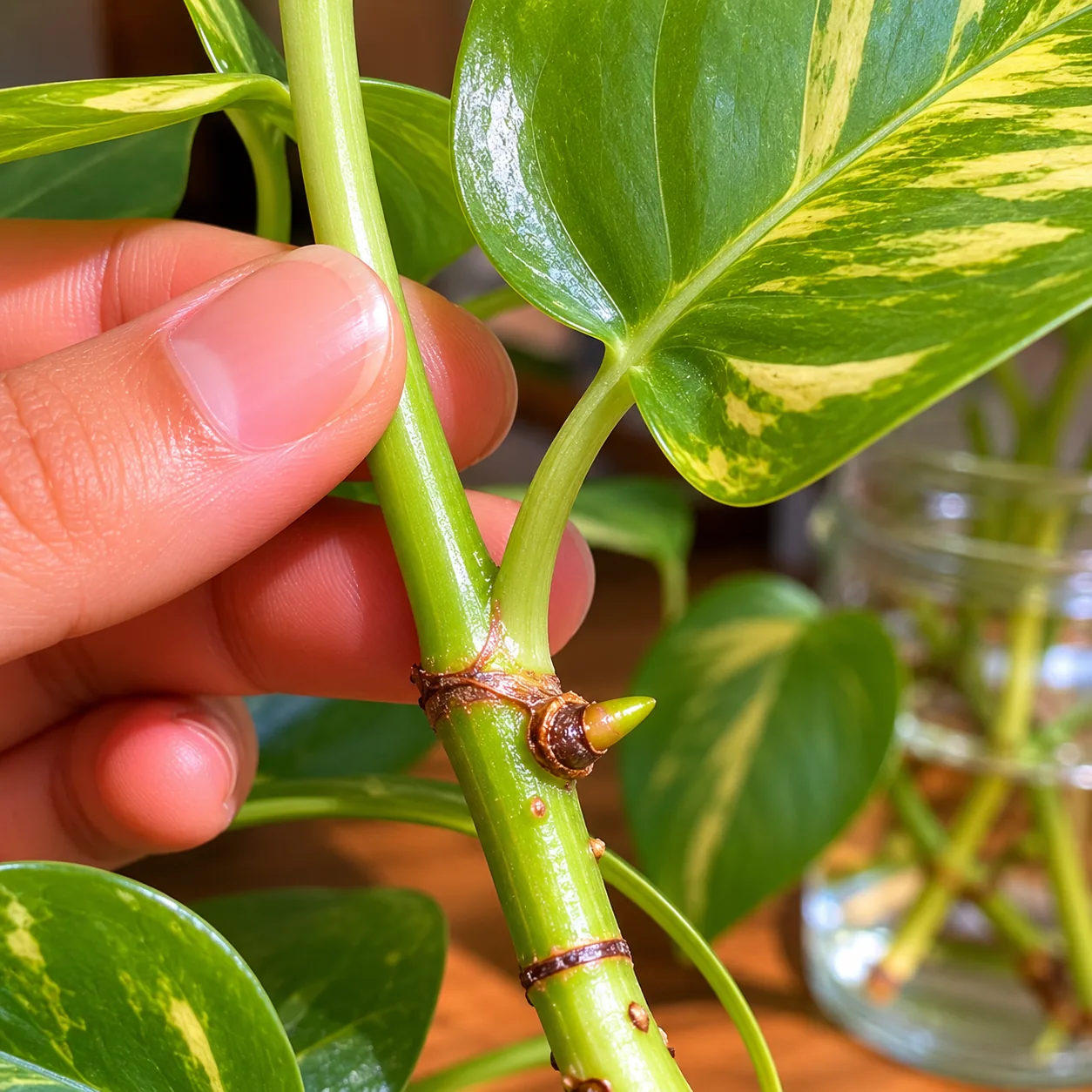 Realistic editorial photo of close up of pothos cutting showing node below leaf joint, warm natural light, practical hom