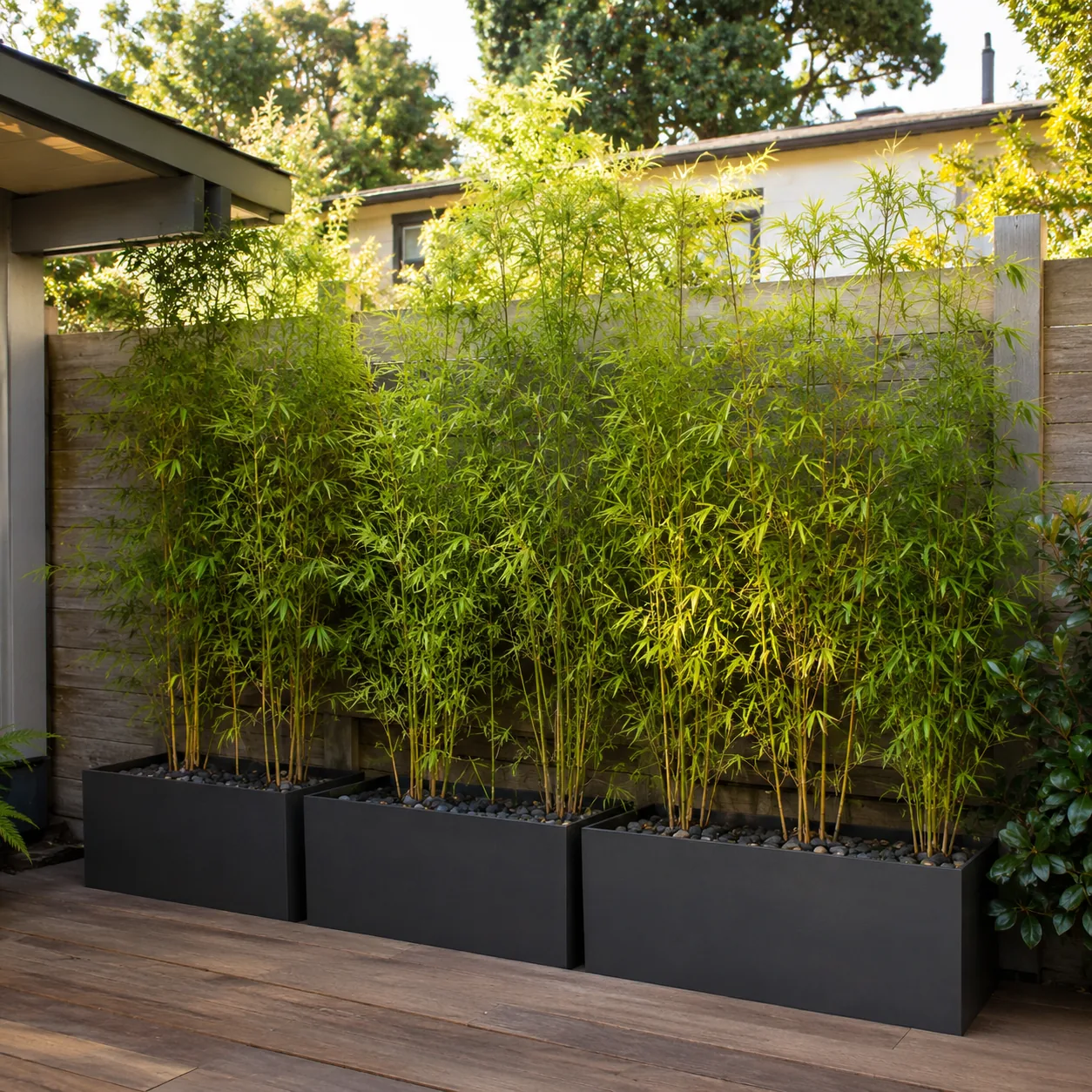 Realistic editorial photo of container bamboo with root control in an ordinary backyard needing privacy, realistic edito