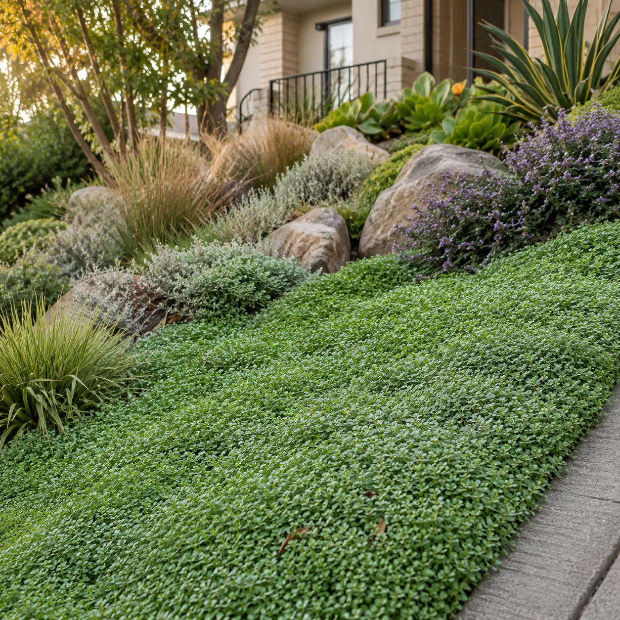 Realistic editorial photo of Dichondra in mild climates growing in sloped front yard planted with controlled ground cove