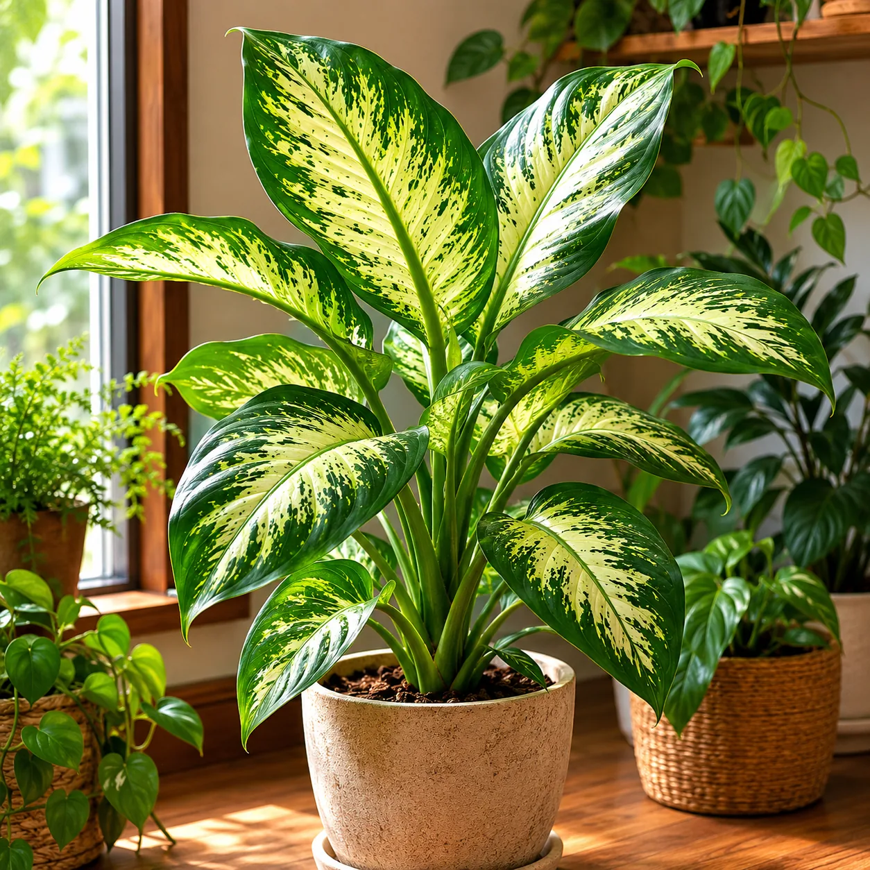 Realistic editorial photo of Dieffenbachia with caution growing in low light room corner with houseplants near a window,