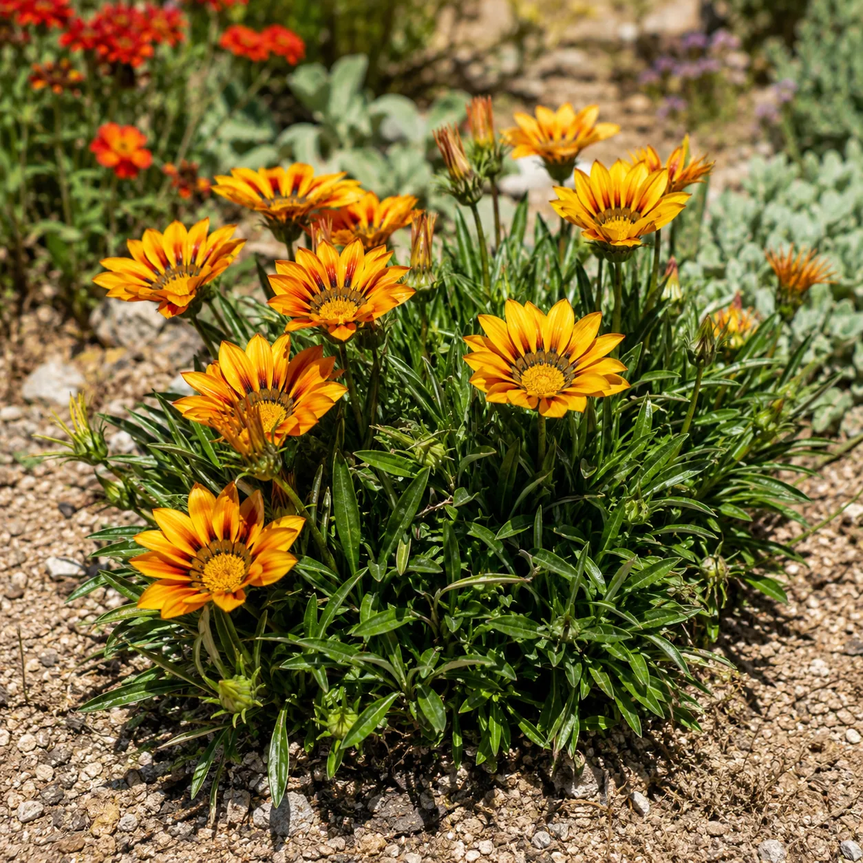 Realistic editorial photo of Gazania growing in sunny drought tolerant flower bed in summer heat, realistic editorial ph