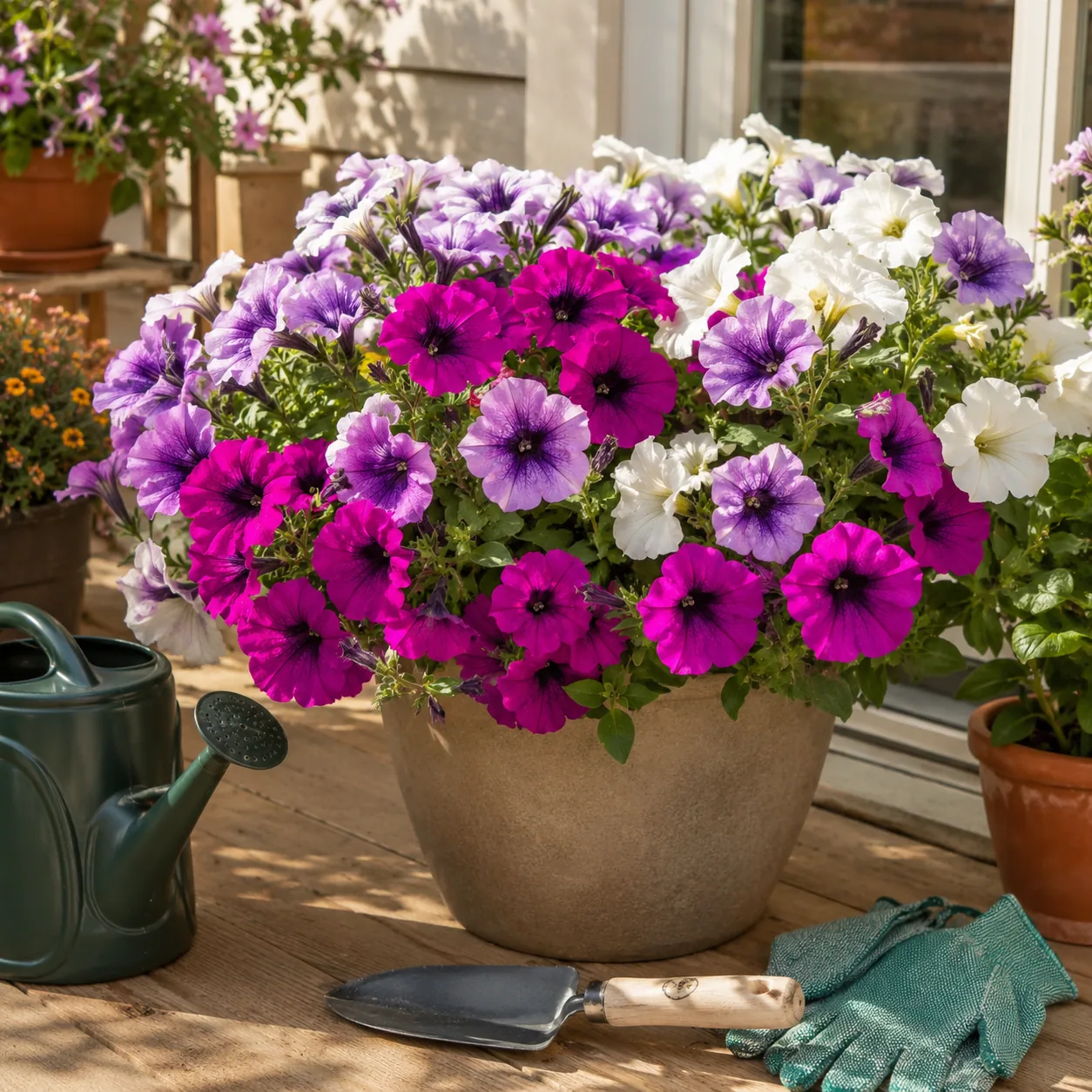 Realistic editorial photo of healthy petunias on patio with simple care tools nearby, warm natural light, practical home