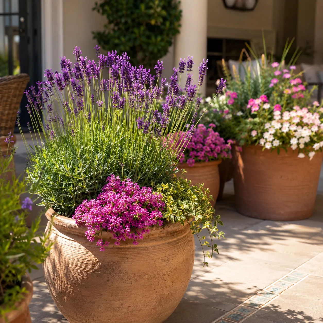 Realistic editorial photo of Lavender in large pots growing in sunny patio containers with heat tolerant flowering plant