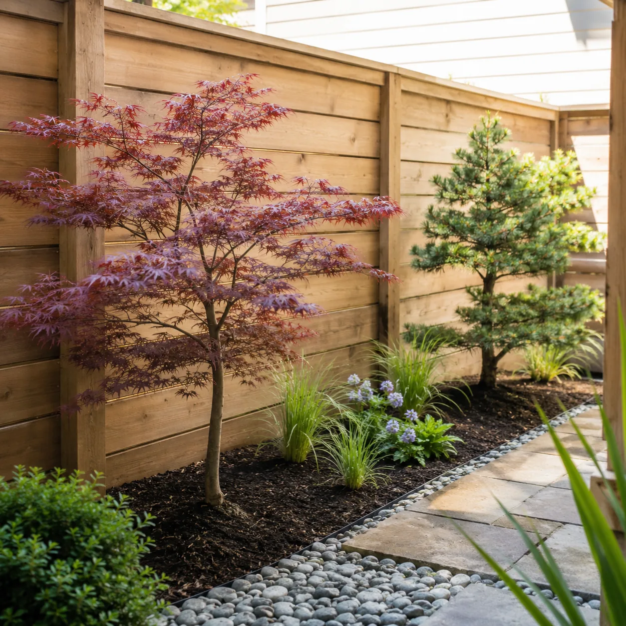 Realistic editorial photo of use dwarf trees in small fenced backyard, realistic editorial photo, natural light, 1:1 squ