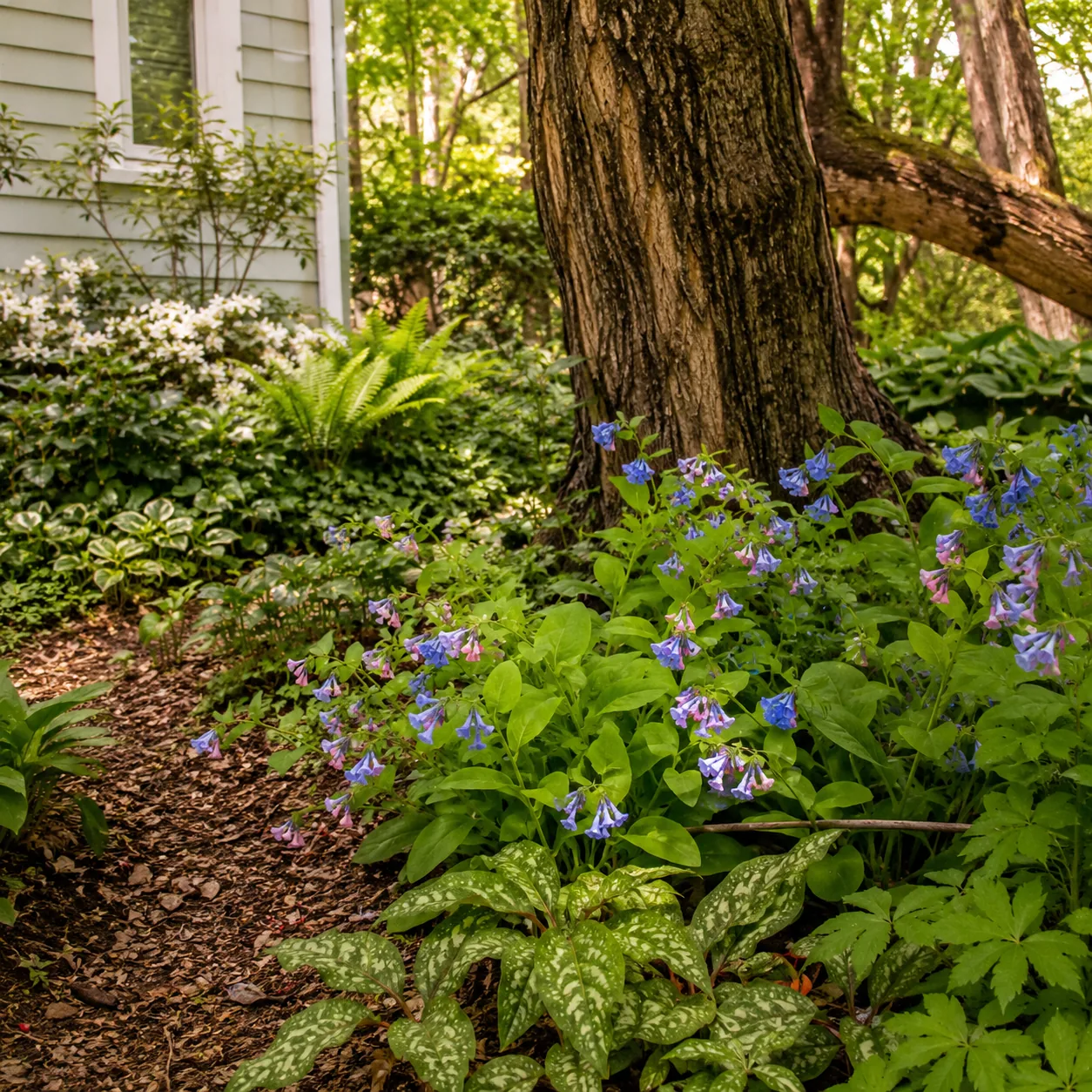 Realistic editorial photo of Virginia bluebells growing in dry shady side yard under mature trees planted with shade tol