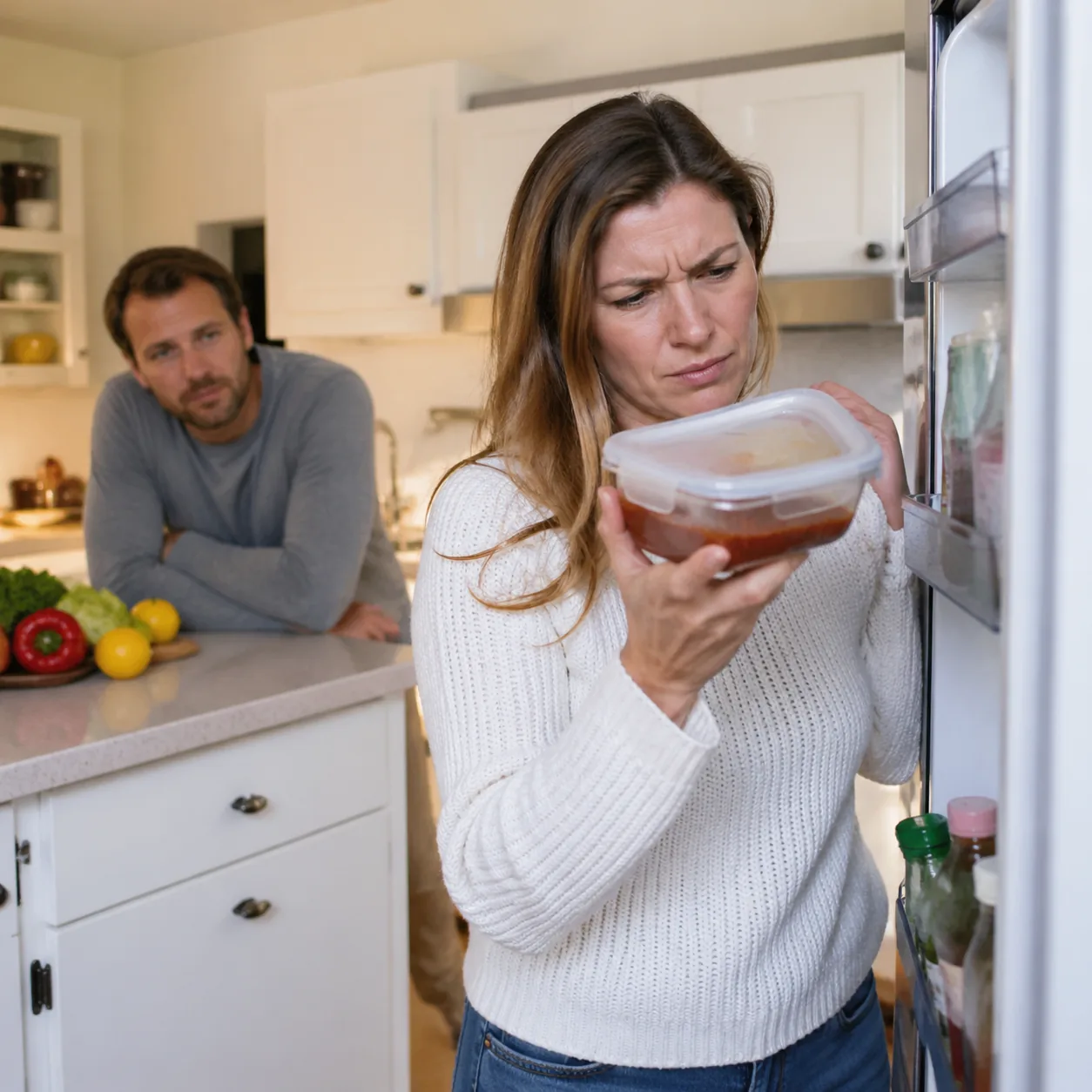Realistic photo of a wife inspecting a container from the refrigerator with expert suspicion while husband waits nearby,