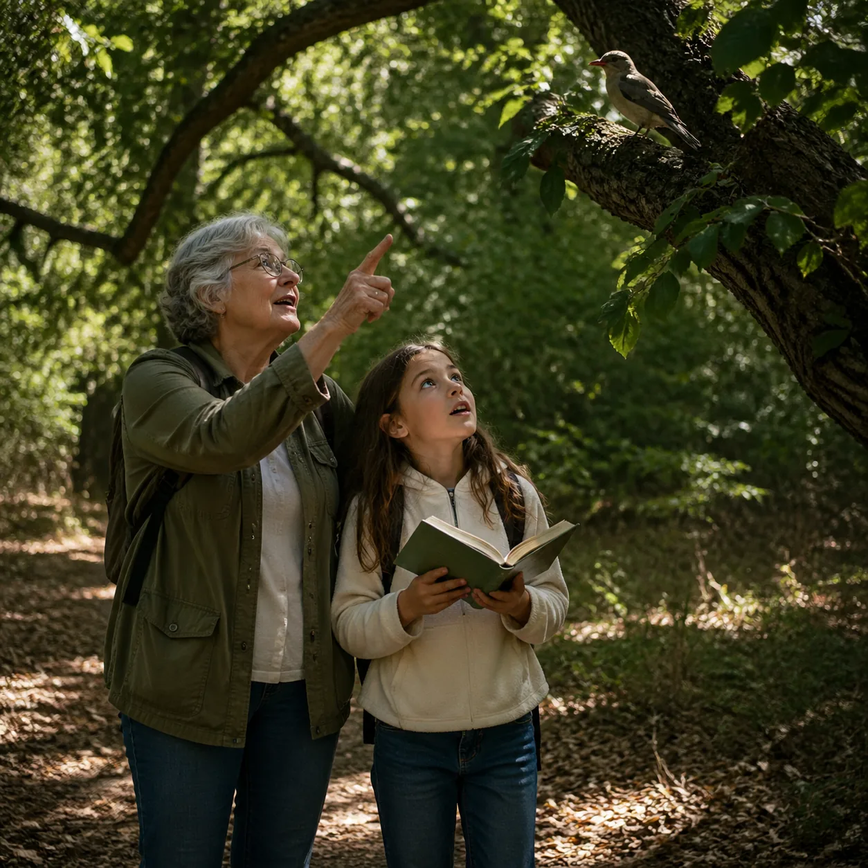 Warm editorial photo of a grandmother and granddaughter walking a wooded trail with a small field guide, pointing up at 