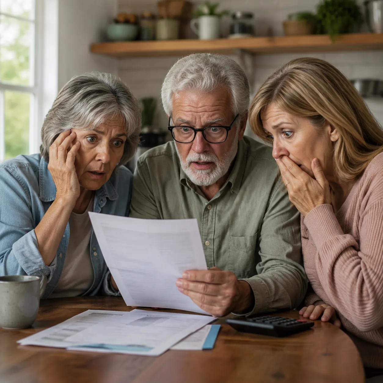 family looking surprised at first assisted living invoice on kitchen table with calculator, realistic editorial lifestyl