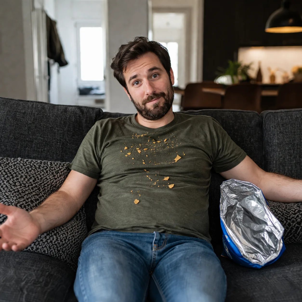 Funny realistic lifestyle photo of a husband sitting innocently on the couch with crumbs all over his shirt and an empty