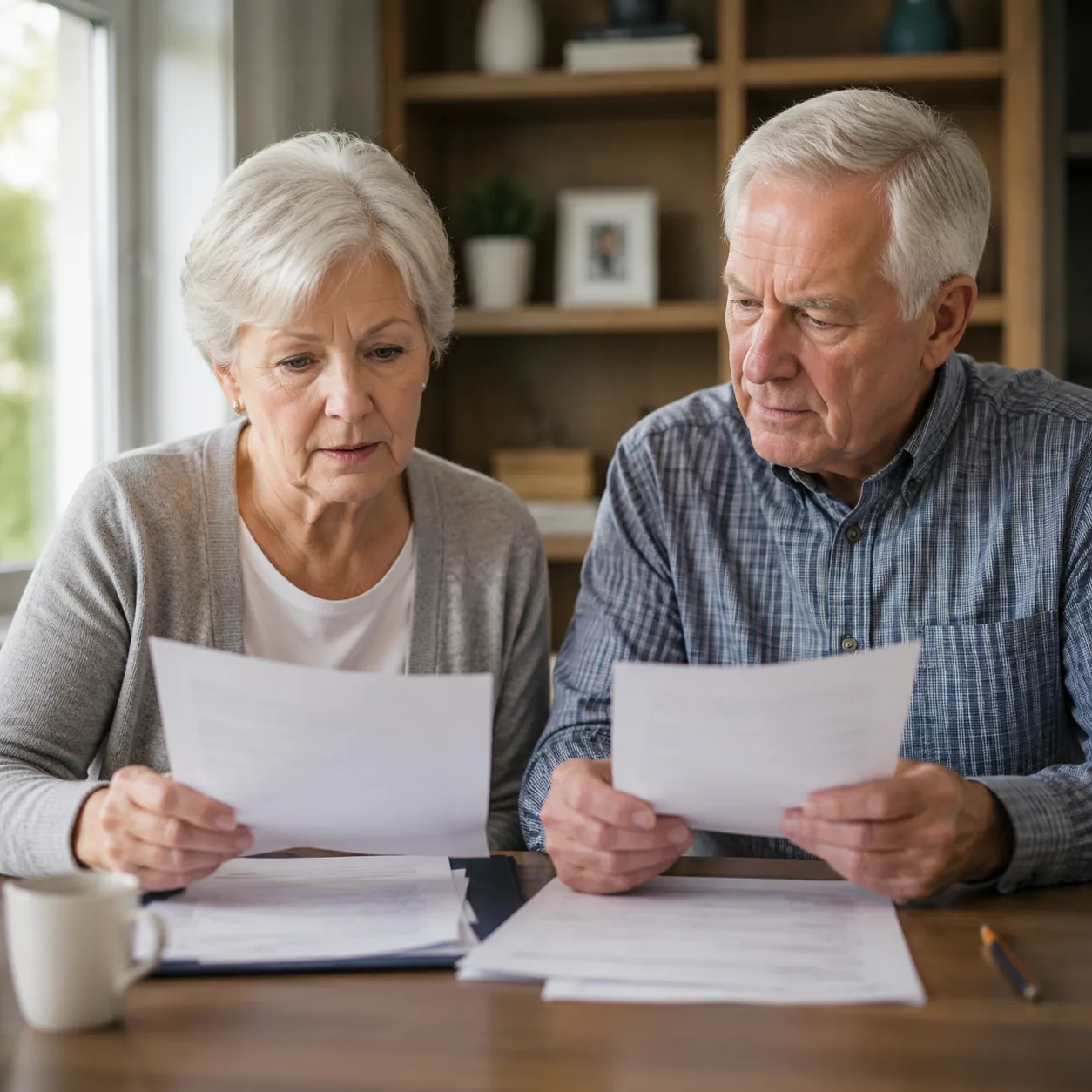 older couple comparing assisted living renewal notice and original agreement, realistic editorial lifestyle photography 