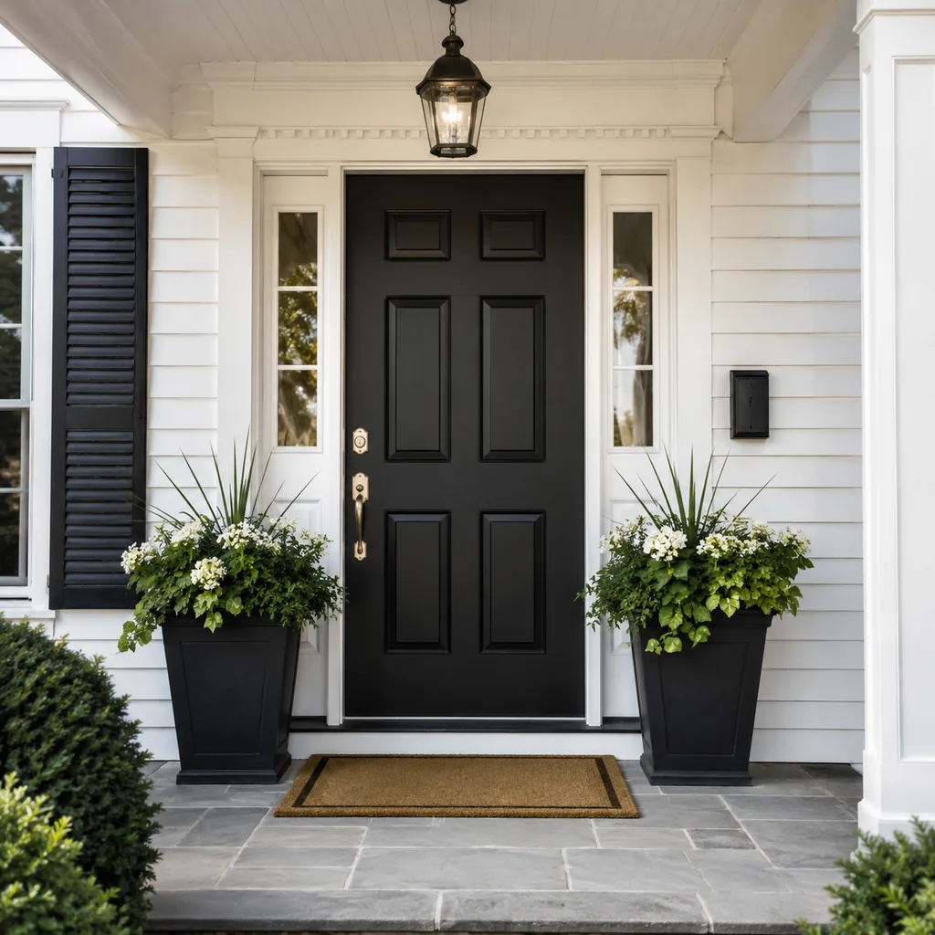 Realistic editorial photo of a black front door on an American home with trim, planters, hardware, and porch details showing doormat scaled to the entry