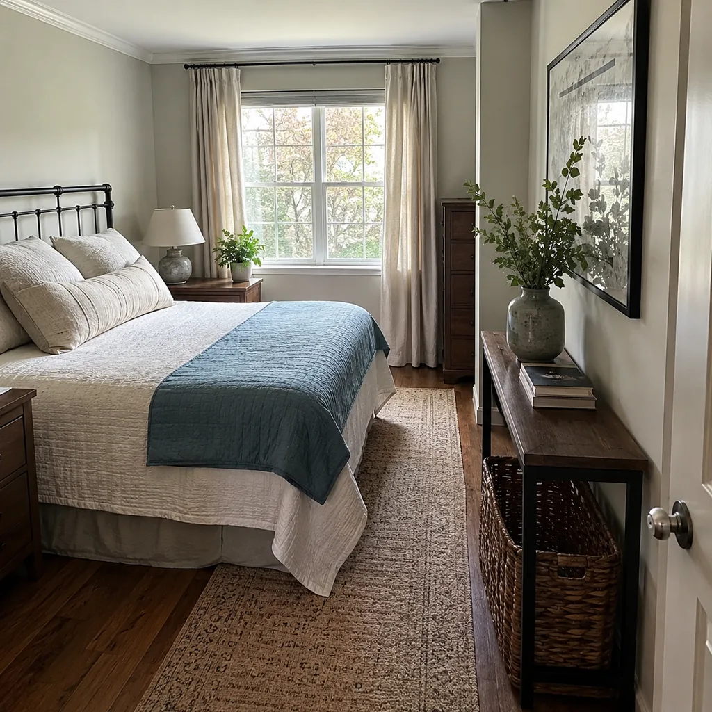 Realistic editorial photo of a compact American bedroom with bed, nightstands, window, dresser, and tight walkways showing console narrow enough for the path