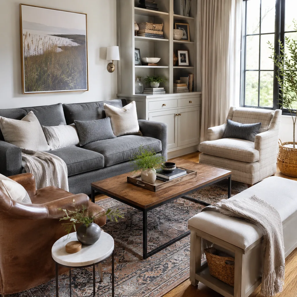 Realistic editorial photo of a compact living room with sofa, chairs, rug, coffee table, and window light showing bench or stool with a job