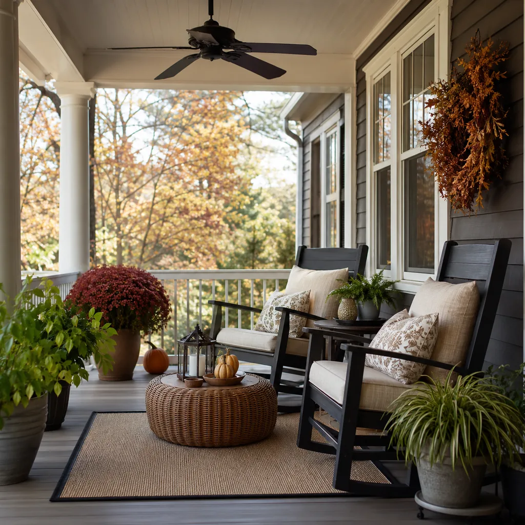 Realistic editorial photo of a covered porch with chairs, ceiling fan, plants, side tables, rug, and outdoor living details showing seasonal decor kept to one f