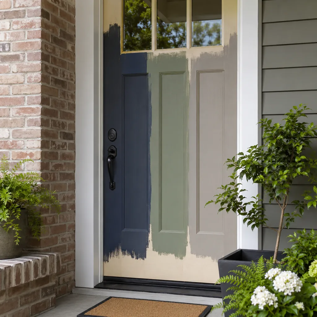 Realistic editorial photo of a front entry with door paint samples, brick, siding, plants, and trim showing testing paint without primer