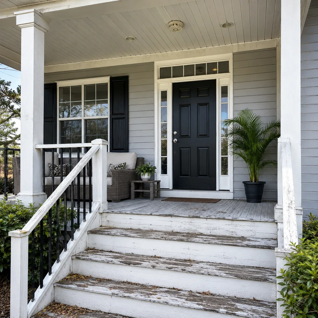Realistic editorial photo of a front porch prepared for a home showing with steps, door, railings, seating, and curb appeal issues showing old smoke detectors s