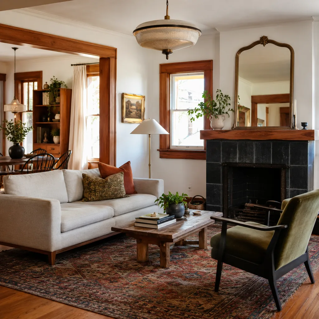 Realistic editorial photo of a home interior with vintage decor, modern furniture, warm wood, patterned accents, and layered lighting showing old decor revived
