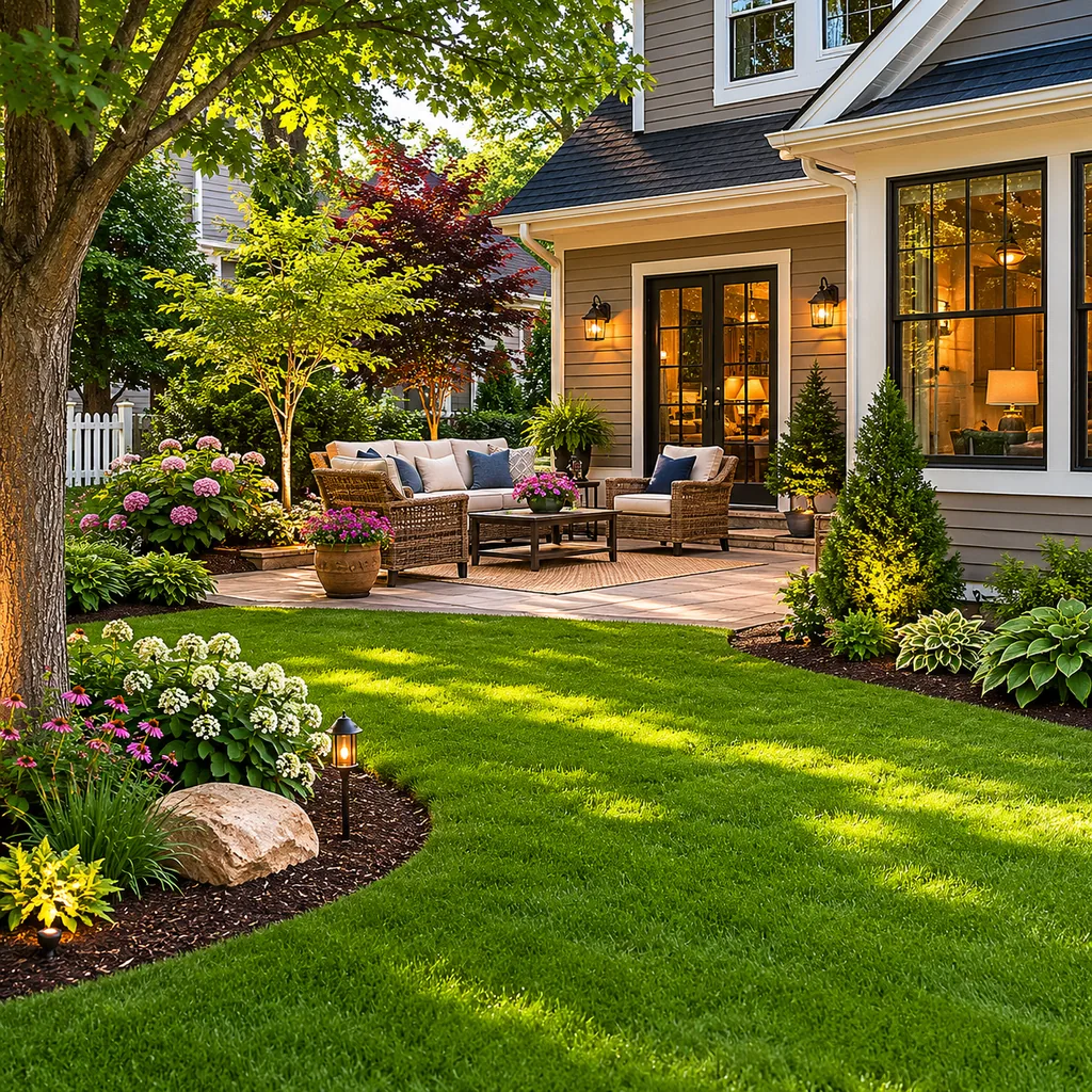 Realistic editorial photo of a landscaped American front yard with lawn, shrubs, mulch beds, trees, walkway, and house exterior showing patio with no clear walk