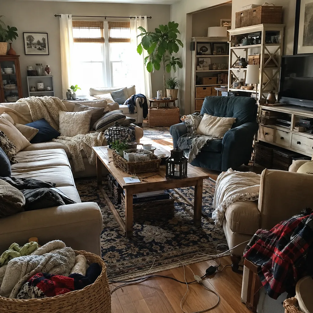 Realistic editorial photo of a living room with crowded surfaces, extra chairs, baskets, blankets, cords, and storage furniture showing things that make cleanin