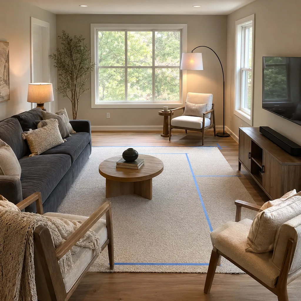 Realistic editorial photo of a living room with sofa, chairs, rug, TV, windows, and taped layout marks showing reading spot with its own light