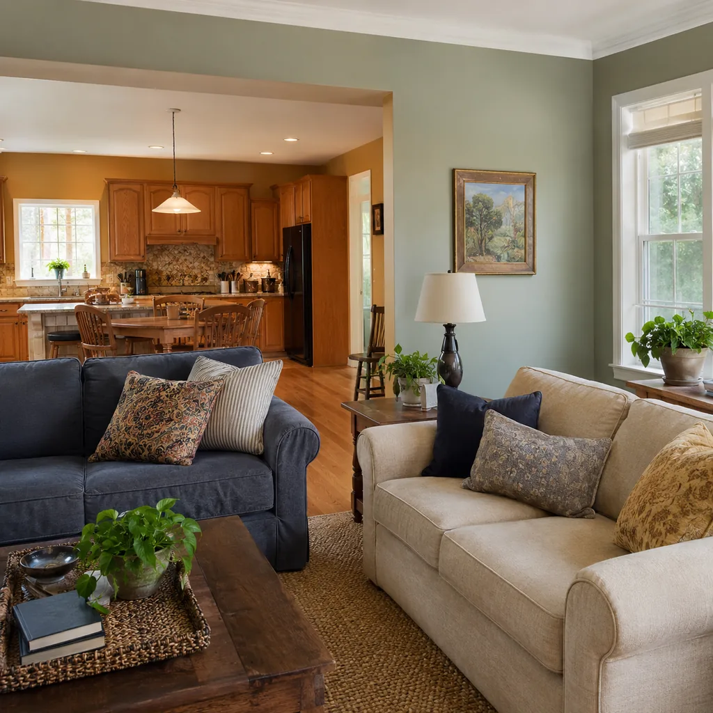 Realistic editorial photo of a living room with sofas in different upholstery colors, pillows, wall paint, and daylight showing tuscan gold making a kitchen fee