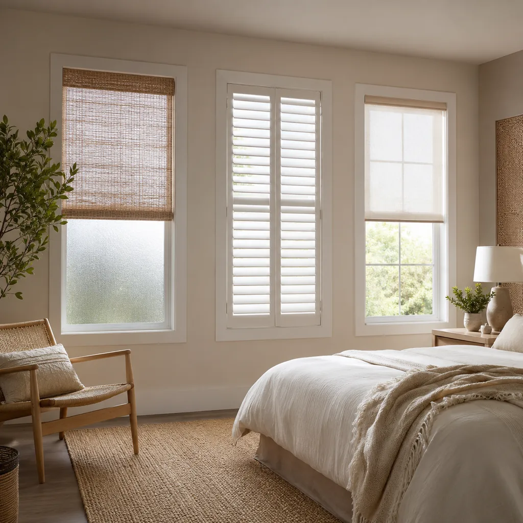 Realistic editorial photo of a room with windows, shades, shutters, woven panels, privacy film, and soft natural light showing no layering for light control