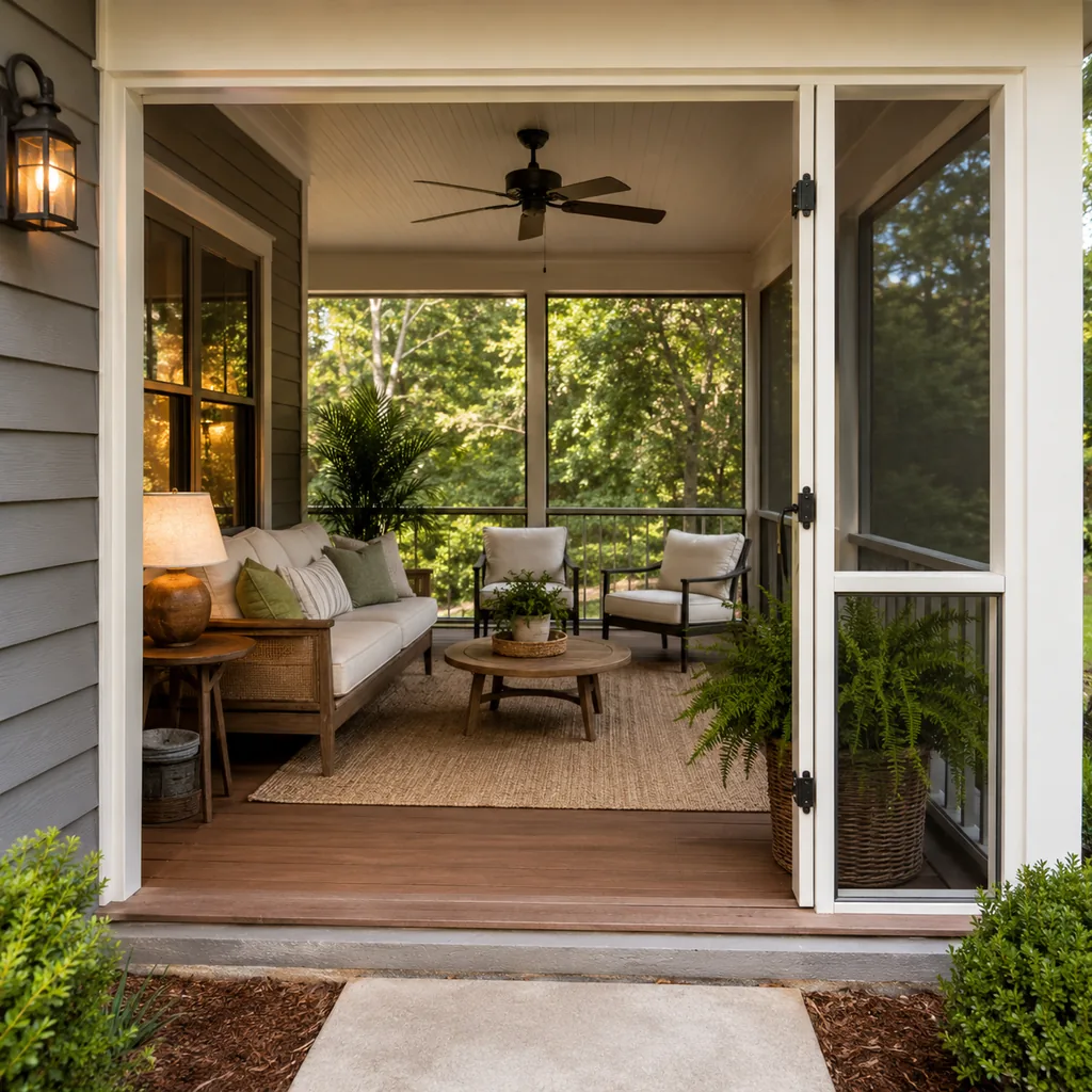Realistic editorial photo of a screened porch with sofa, chairs, rug, plants, ceiling fan, screens, and soft daylight showing clean transition from walkway to p