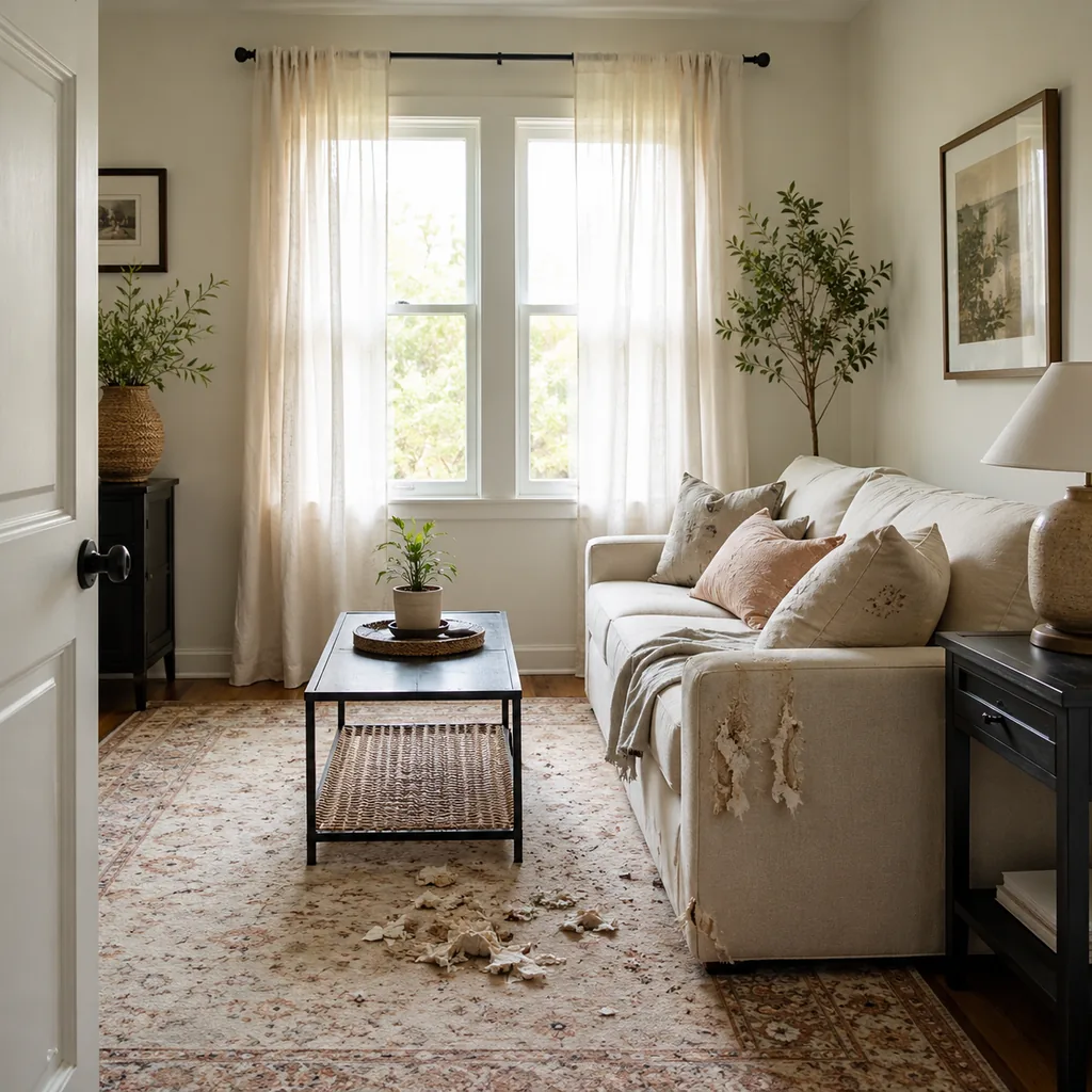 Realistic editorial photo of a small American room with windows, curtains, rods