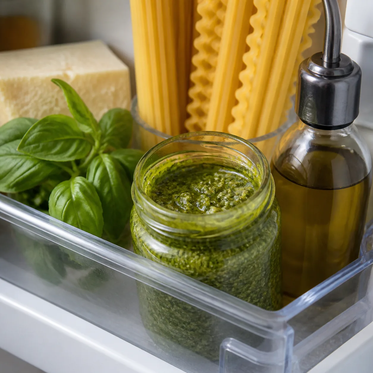 Realistic editorial photo of a small opened jar of green pesto in a refrigerator door shelf, pasta ingredients nearby, o