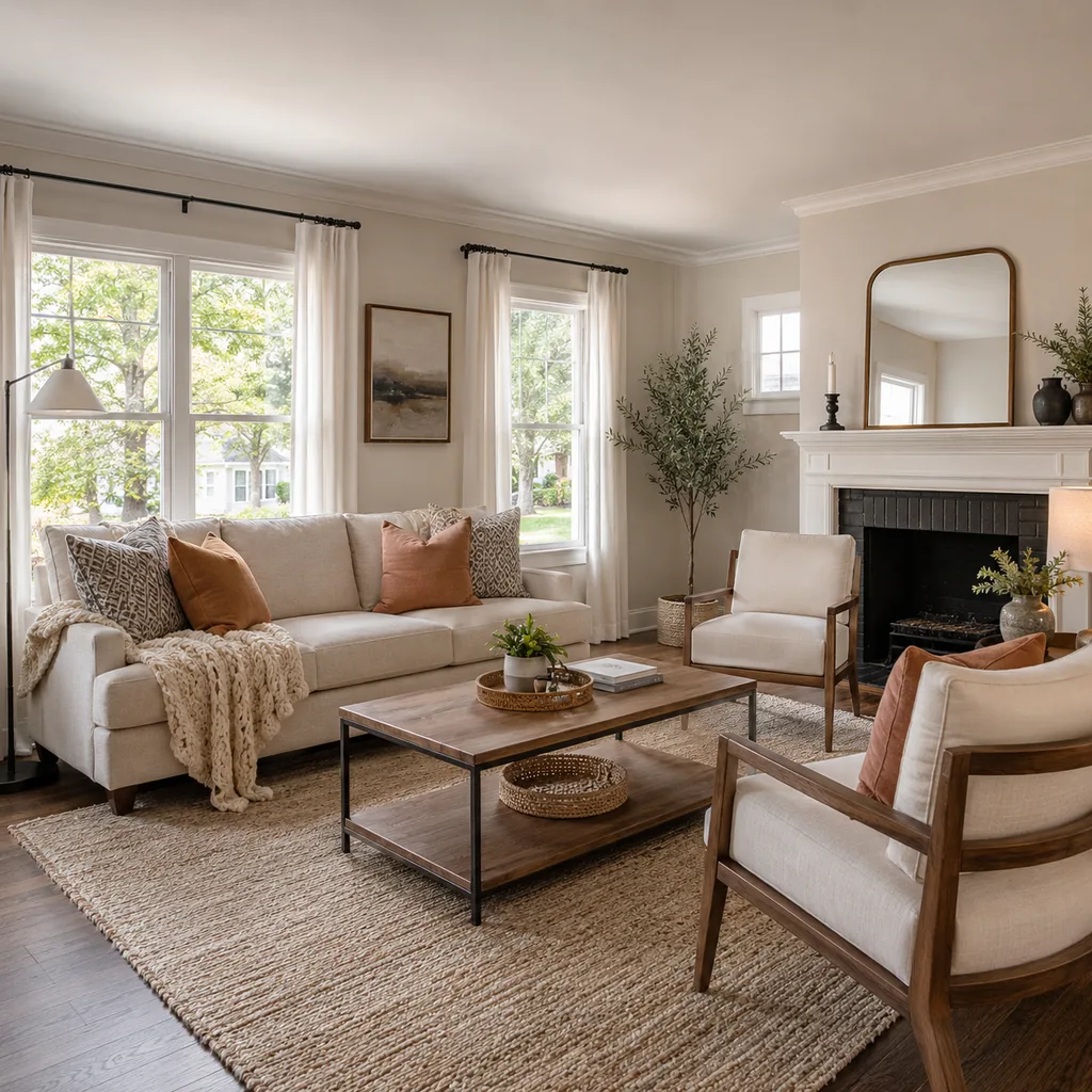 Realistic editorial photo of a staged American living room with sofa, rug, windows, lighting, and buyer-facing details showing enough table space for real life
