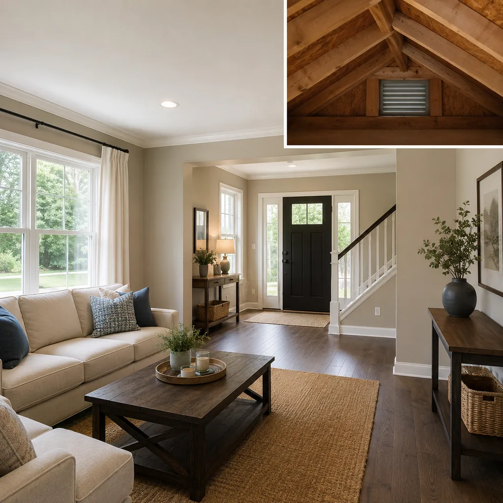 Realistic editorial photo of a staged home interior with living room, entry, lighting, furniture placement, and listing-photo details showing attic ventilation 