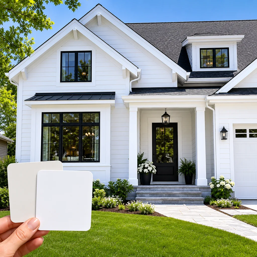 Realistic editorial photo of a suburban home exterior with siding, trim, roof, front door, lawn, and paint swatches showing bright white walls with no warmth